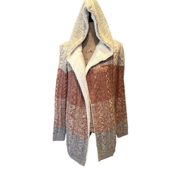 Natural Reflections Women's Hooded Sherpa Cardigan Multicolor Striped M - Picture 1 of 7